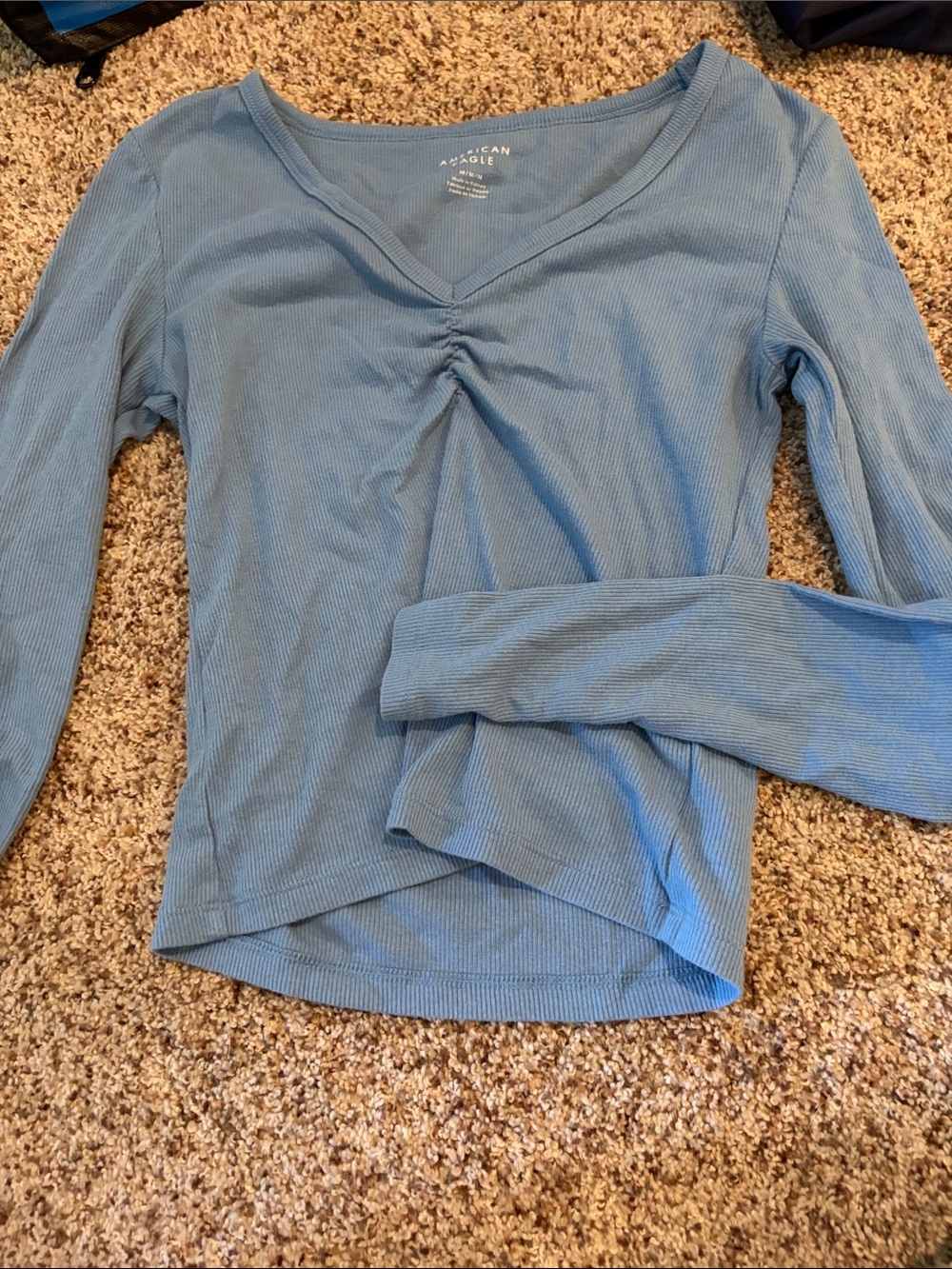 American Eagle Outfitters Dusty Blue Ribbed V-Neck Long Sleeve Top